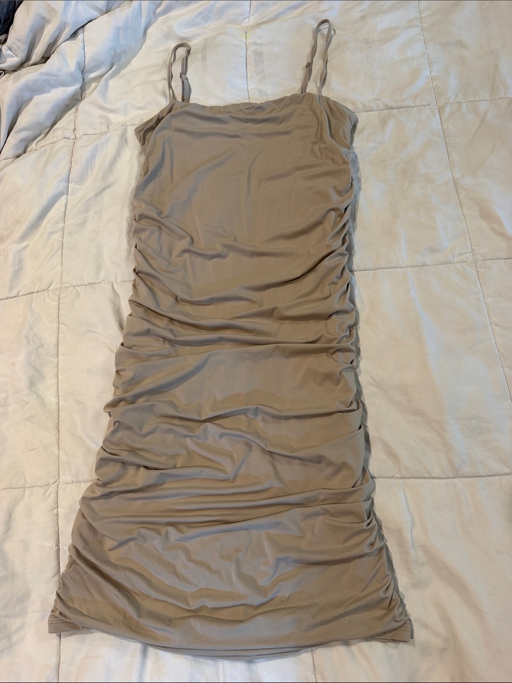 lululemon athletica Taupe Ruched Spaghetti-Strap Midi Dress; worn 1 time.